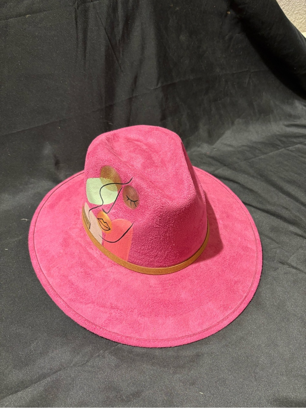 Fuchsia Suede Wide-Brim Fedora with Abstract Face Accent